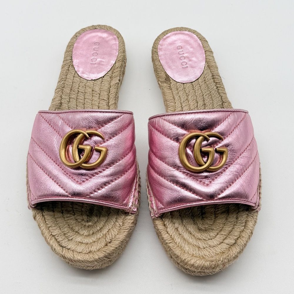 Gucci Pilar GG Marmont Metallic Rosa Leather Espadrille Slide Sandals EU 37 US 7 - Picture 2 of 12